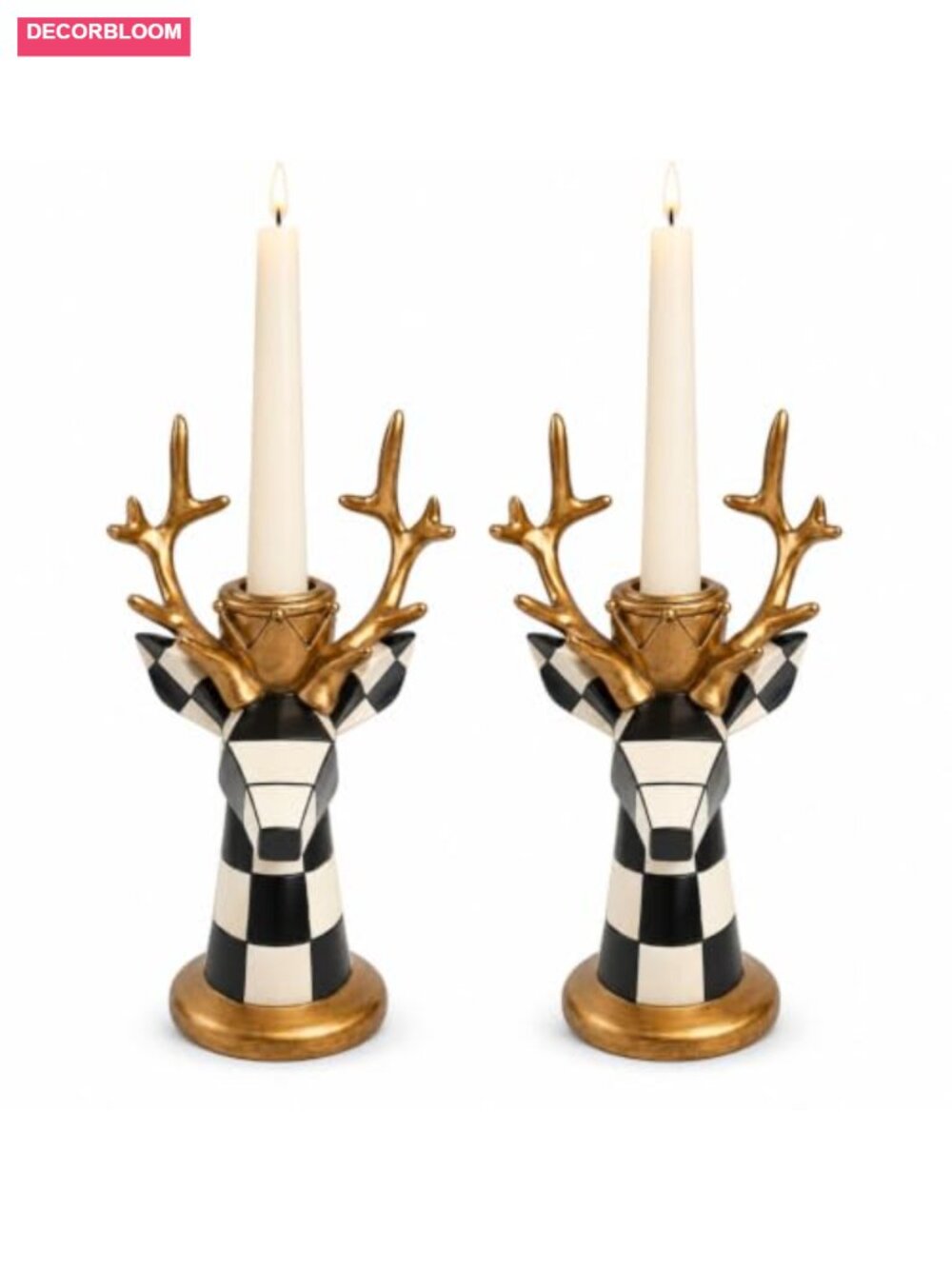 Set of 2 Reindeer Candle Holders Resin Candlestick Christmas Table Decor
